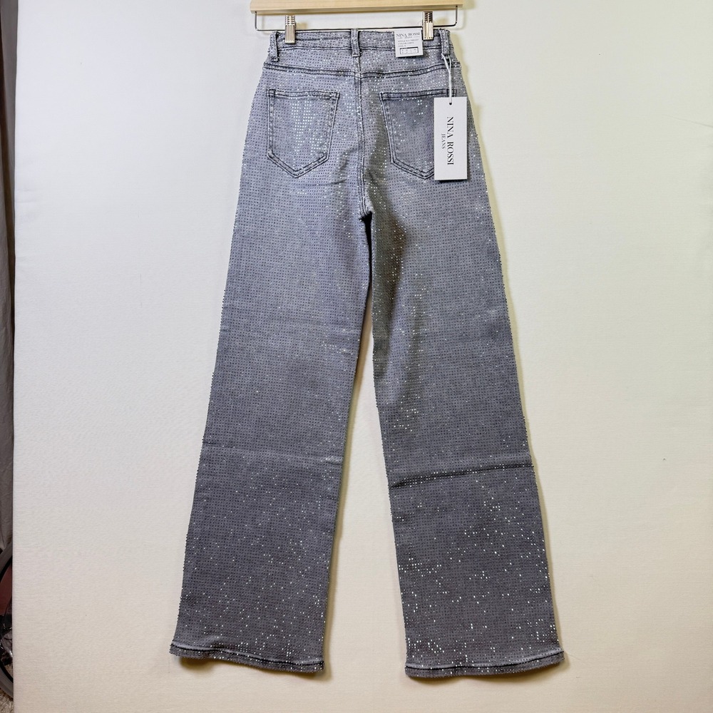 NINA ROSSI Grey Rhinestone Embellished Wide Leg Jeans S - Picture 2 of 8